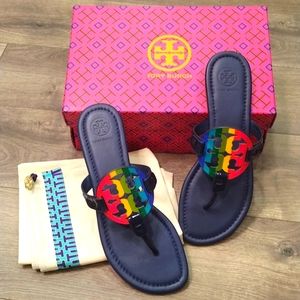 New in box, Tory Burch Miller patent leather sandals, Rainbow and navy, size 7.5